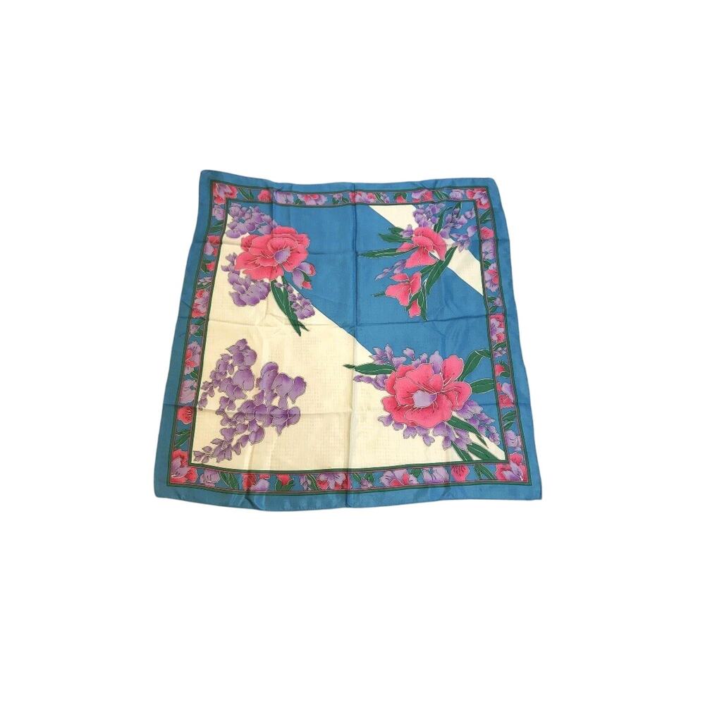 Blue And White Diagonal Pink Floral Square Vintage Scarf